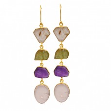 Fancy Shape Peridot Amethyst Rose Quartz Golden Rutile Gemstone Gold Plated Earrings