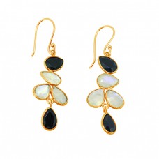 Black Onyx Rainbow Moonstone Pear Shape Gemstone Gold Plated Handmade Earrings