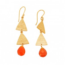 Carnelian Briolette Pear Shape Gemstone 925 Sterling Silver Gold Plated Earrings