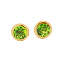 Round Shape Peridot Gemstone 925 Sterling Silver Gold Plated Stud Earrings