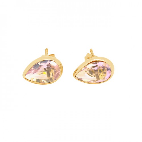 Pear Shape Pink Quartz Gemstone 925 Sterling Silver Gold Plated Stud Earrings