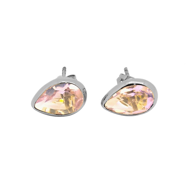 Pear Shape Pink Quartz Gemstone 925 Sterling Silver Gold Plated Stud Earrings