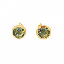 Smoky Quartz Round Shape Gemstone 925 Sterling Silver Gold Plated Stud Earrings