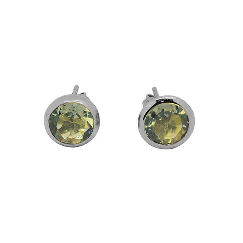 Smoky Quartz Round Shape Gemstone 925 Sterling Silver Gold Plated Stud Earrings