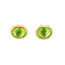 Oval Shape Peridot Gemstone 925 Sterling Silver Gold Plated Stud Earrings