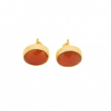 Carnelian Oval Shape Gemstone 925 Sterling Silver Gold Plated Stud Earrings