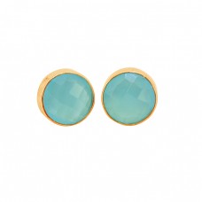 Aqua Chalcedony Round Shape Gemstone 925 Sterling Silver Gold Plated Stud Earrings