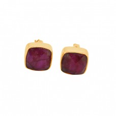 Cushion Shape Ruby Gemstone 925 Sterling Silver Gold Plated Stud Earrings