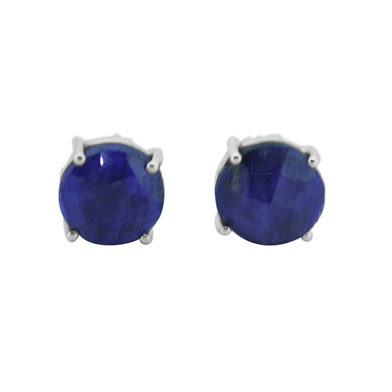 Lapis Lazuli Round Shape Gemstone 925 Sterling Silver Gold Plated Stud Earrings