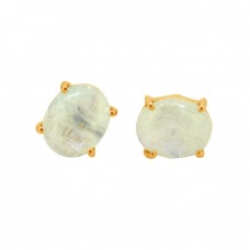 Oval Shape Rainbow Moonstone 925 Sterling Silver Gold Plated Stud Earrings