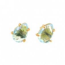 Blue Topaz Pear Shape Gemstone 925 Sterling Silver Gold Plated Stud Earrings