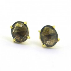 925 Sterling Silver Oval Shape Smoky Quartz Gemstone Gold Plated Stud Earrings