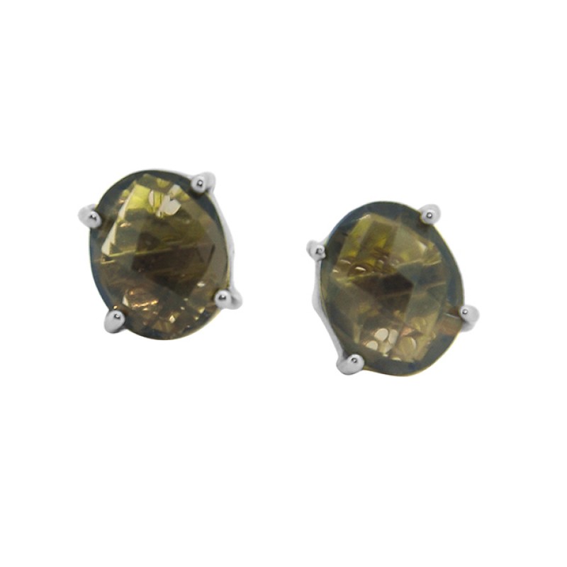 925 Sterling Silver Oval Shape Smoky Quartz Gemstone Gold Plated Stud Earrings