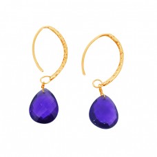 Purple Amethyst Briolette Pear Gemstone Gold Plated Dangle Hoop Earrings