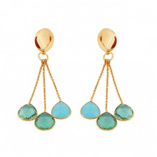 Briolette Heart Shape Chalcedony Apatite Gemstone Gold Plated Chain Dangle Earrings