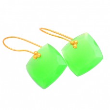 Cushion Shape Green Quartz Gemstone 925 Sterling Silver Gold Plated Earrings