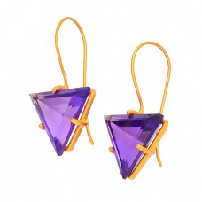 Triangle Shape Amethyst Gemstone 925 Sterling Silver Gold Plated Fixed Ear Wire Earrings