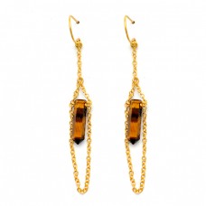 Tiger Eye Pencil Shape Gemstone 925 Sterling Silver Gold Plated Dangle Earrings