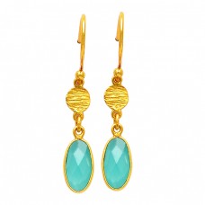 Aqua Chalcedony Oval Shape Gemstone 925 Sterling Silver Gold Plated Dangle Earrings