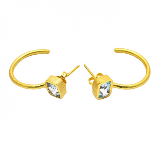 Blue Topaz Octagon Shape Gemstone 925 Sterling Silver Gold Plated Stud Earrings
