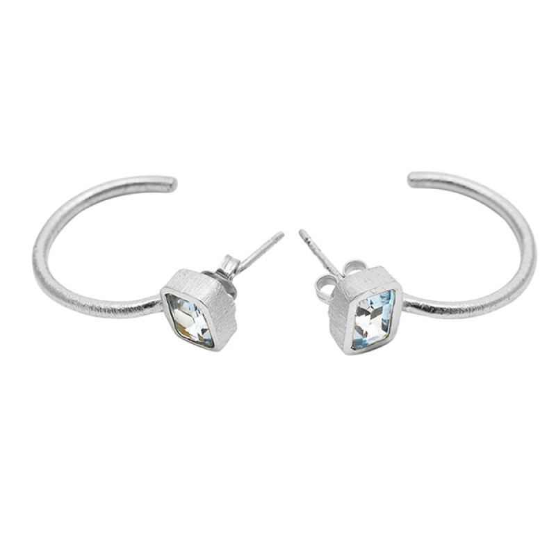 Blue Topaz Octagon Shape Gemstone 925 Sterling Silver Gold Plated Stud Earrings