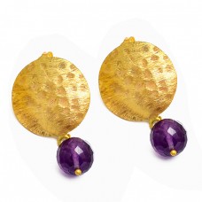 925 Silver Faceted Balls Amethyst Gemstone Gold Plated Hammered Designer Earrings