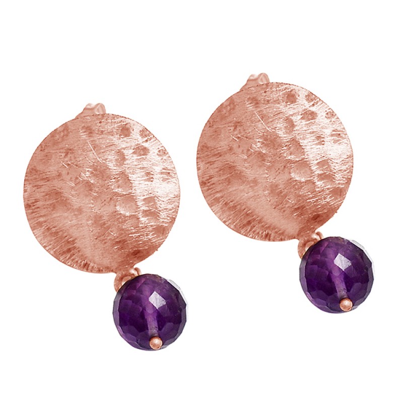 925 Silver Faceted Balls Amethyst Gemstone Gold Plated Hammered Designer Earrings