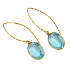 925 Sterling Silver Faceted Oval Shape Topaz Gemstone Gold Plated Hoop Earrings