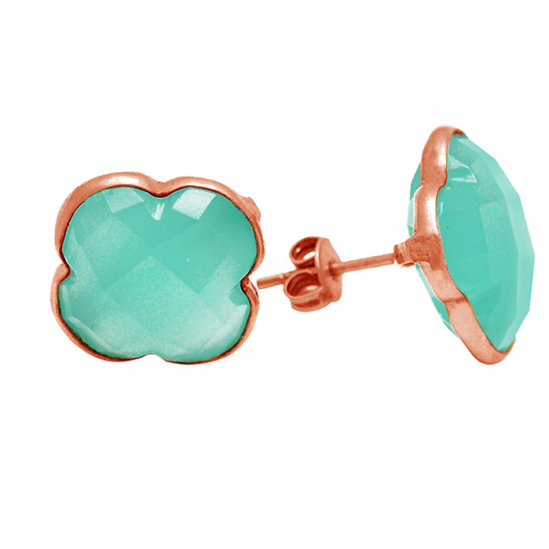 Carved Flower Shape Chalcedony Gemstone 925 Sterling Silver Gold Plated Stud Earrings