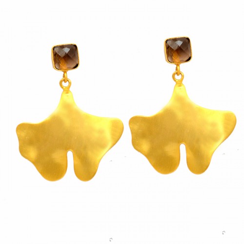 Smoky Quartz Cushion Shape Gemstone Handcrafted Designer Gold Plated Earrings
