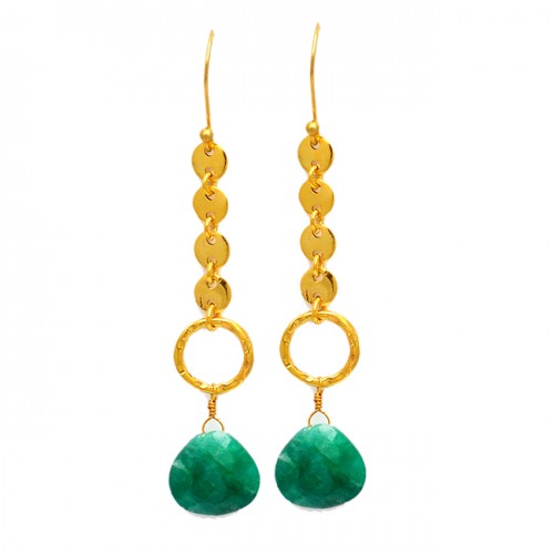 Emerald Briolette Heart Shape Gemstone Handmade Gold Plated Dangle Earrings