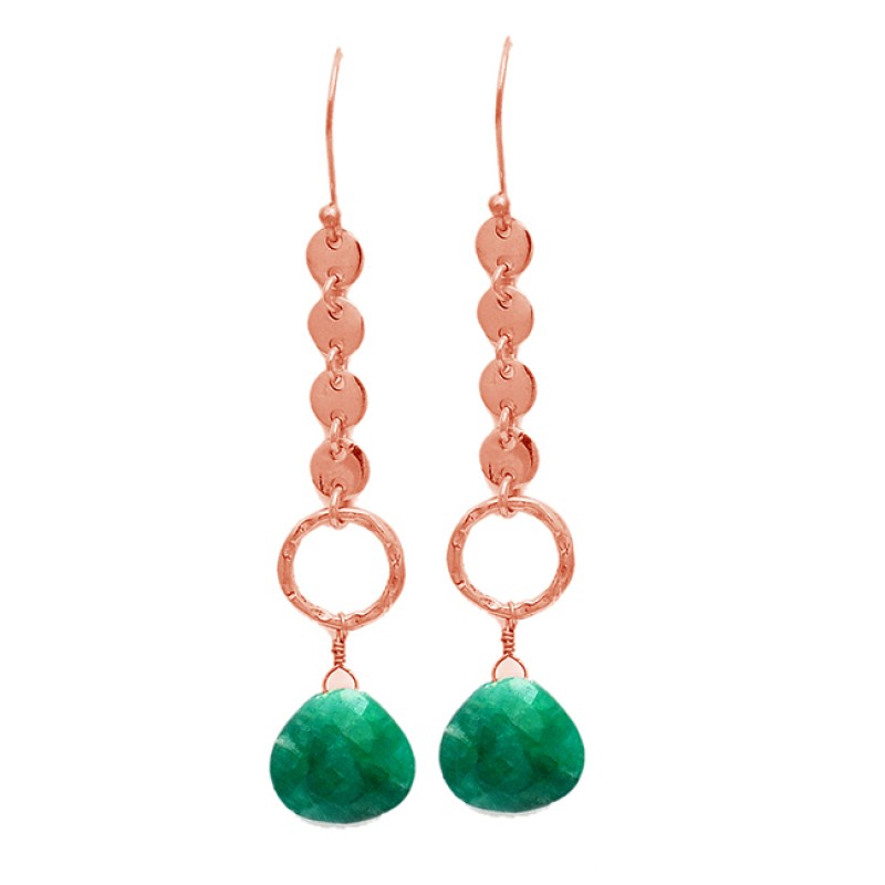 Emerald Briolette Heart Shape Gemstone Handmade Gold Plated Dangle Earrings