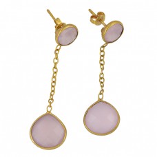 Rose Quartz Round Heart Shape Gemstone 925 Sterling Silver Gold Plated Stud Earrings