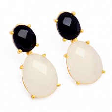 Black Onyx Rainbow Moonstone 925 Sterling Silver Gold Plated Stud Earrings