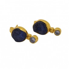 Sapphire Cz Gemstone 925 Sterling Silver Jewelry Gold Plated Stud Earrings