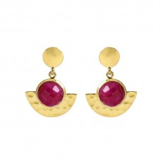  925 Sterling Silver Jewelry  Round  Shape Ruby  Gemstone Gold Plated Earrings