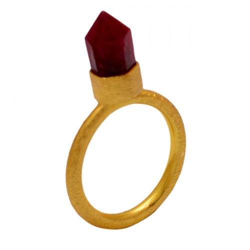 Pencil Shape Ruby Gemstone 925 Sterling Silver Gold Plated Designer Ring