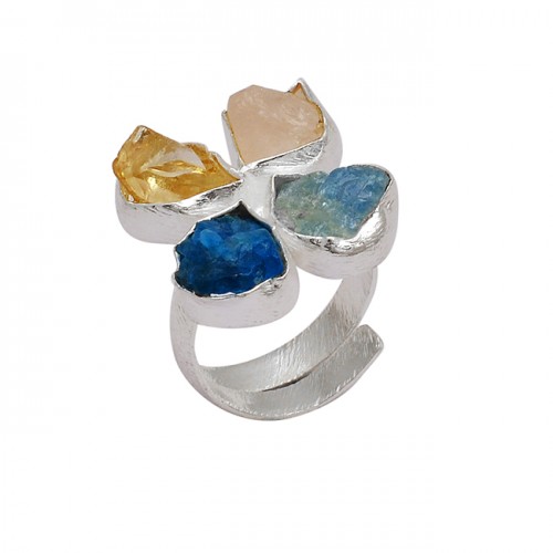 Raw Material Multi Color Rough Gemstone 925 Sterling Silver Adjustable Ring Jewelry