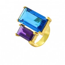 Amethyst Blue Topaz Rectangle Shape Gemstone Prong Setting Gold Plated Ring Jewelry