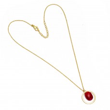 Red Ruby Oval Shape Gemstone 925 Sterling Silver Gold Plated Necklace Jewelry