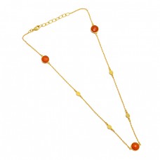 Carnelian Round Shape Gemstone 925 Sterling Silver Gold Plated Handcrafted Necklace