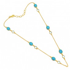 Turquoise Oval Round Shape Gemstone 925 Sterling Silver Gold Plated Necklace