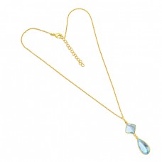 925 Sterling Silver Blue Topaz Pear Square Shape Gemstone Gold Plated Chain Necklace