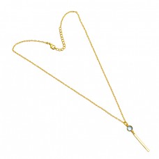 Blue Topaz Round Shape Gemstone 925 Sterling Silver Gold Plated Designer Necklace