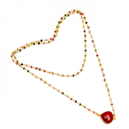 Ruby Multi Tourmaline Gemstone 925 Sterling Silver Gold Plated Beaded Necklace
