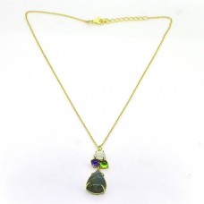 Multi Color Gemstone 925 Sterling Silver Gold Plated Handmade Designer Necklace