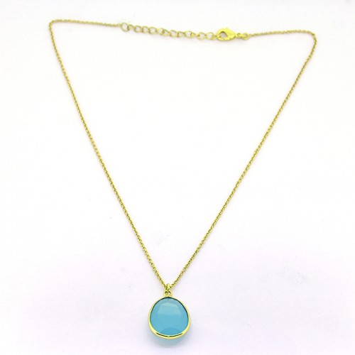 Oval Shape Aqua Color Chalcedony 925 Sterling Silver Gold Plated Designer Necklace