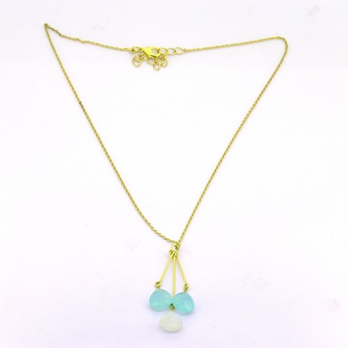 Moonstone Chalcedony Gemstone 925 Sterling Silver Gold Plated Designer Necklace