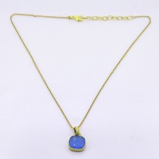 Blue Chalcedony Square Shape Gemstone 925 Sterling Silver Gold Plated Necklace