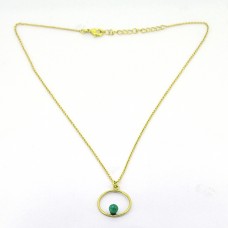 Round Shape Green Onyx Gemstone 925 Sterling Silver Gold Plated Designer Necklace